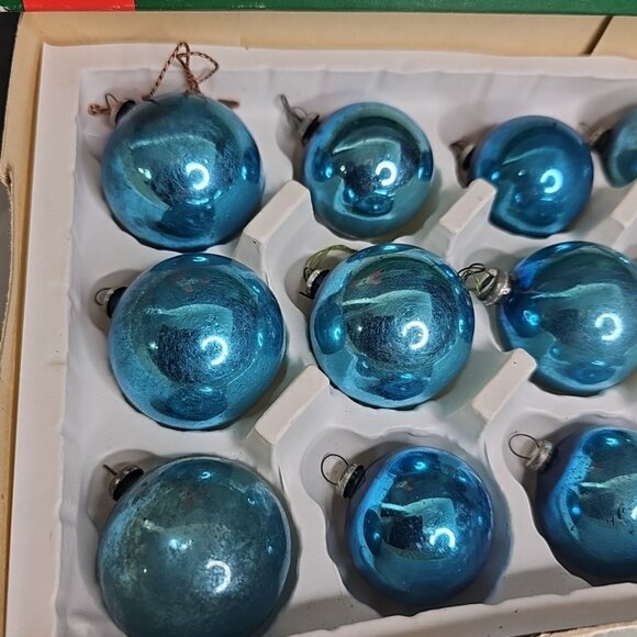 Vintage Glass Christmas Balls Ornaments Baubles BLUE Round Japan Caps Set Of 12 - Picture 2 of 14